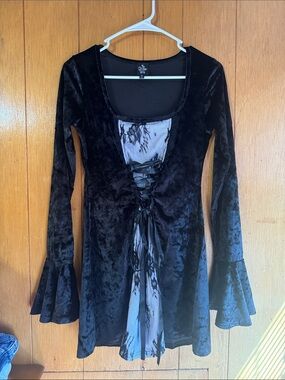 Gothic Lace-Up Velvet Mini Dress - Black